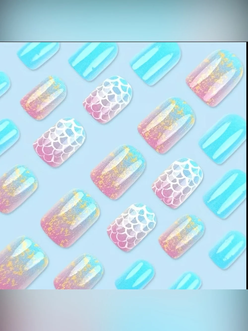 Press-On Mermaid Ombre Nails in Blue & Pink with Gold Accent 24pc Set
